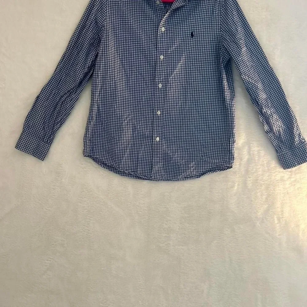 Ralph Lauren Boys XL 18-20 Gingham‎ Button Down Shirt Blue White Natural Stretch